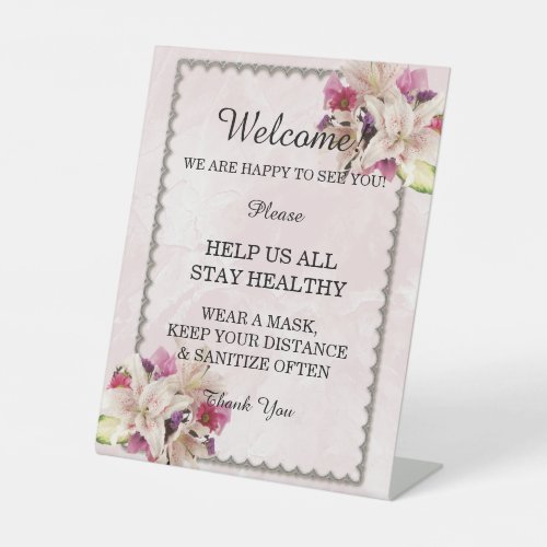 White Lily Floral Pink Marble Wedding Safety  Pedestal Sign