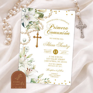 White Lily Floral Rosary Catholic Primera Comunion Invitation