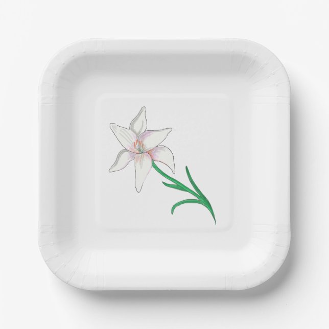 White Lily Flower Illustration  Paper Plates (Front)