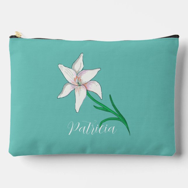 White Lily Flower Illustration Personalized Accessory Pouch (Front)
