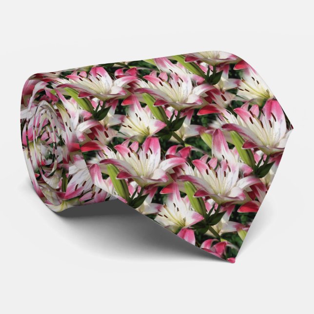 White Lily Flower Nature Pattern  Neck Tie (Rolled)