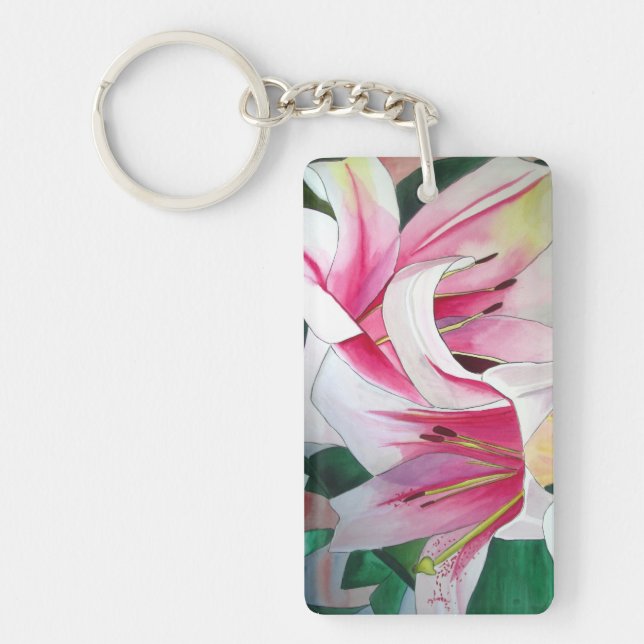 White lily flower watercolour art keychain (Front)