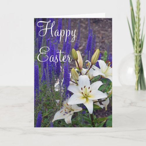 White lily flowers Easter greeting card