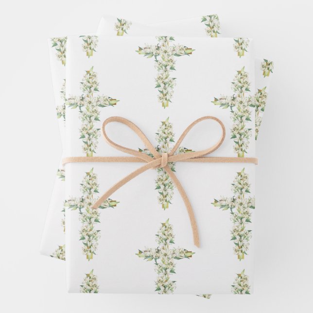 White Lily Flowers Floral Cross Religious Baptism Wrapping Paper Sheets (In situ)
