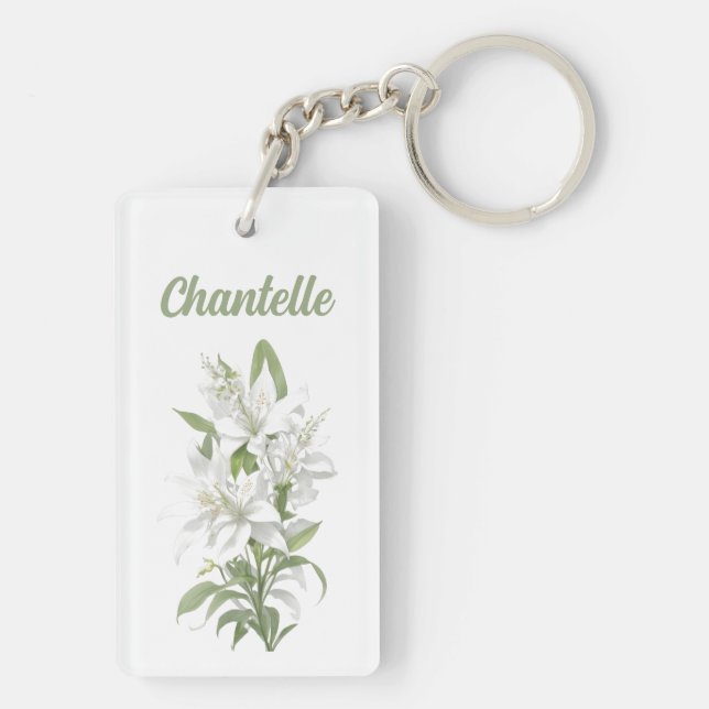 White Lily Flowers Personalized Keychain (Back)