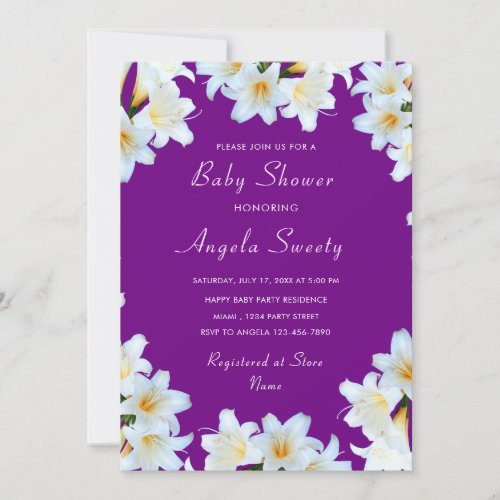 White Lily Flowers Purple Baby Shower Invitation