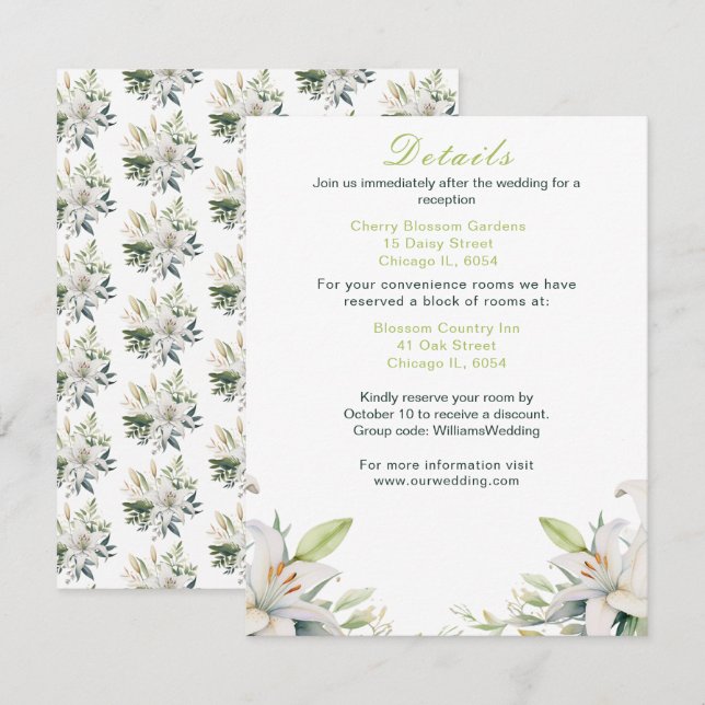 White Lily Flowers Wedding Enclosure Card (Front/Back)