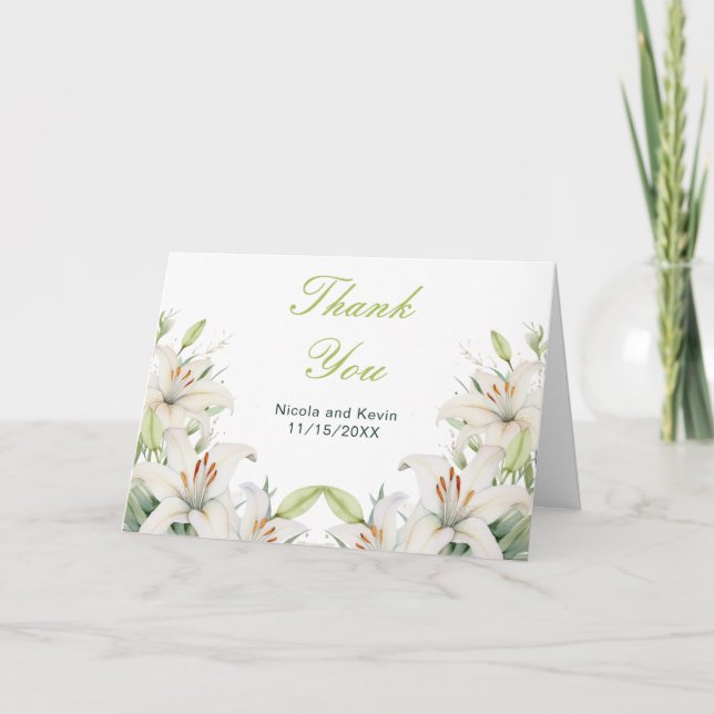 White Lily Flowers Wedding Letterpress Thank You Card (Front)