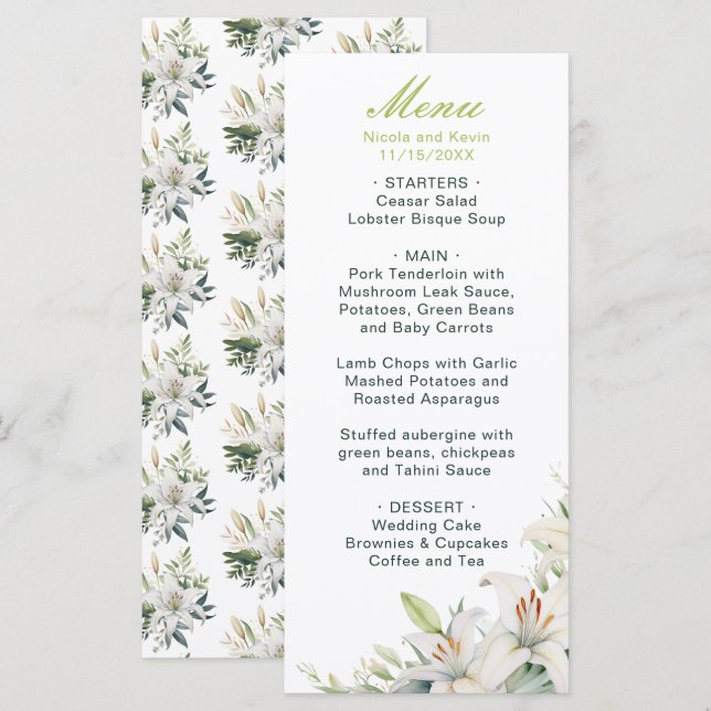 White Lily Flowers Wedding Menu (Front/Back)