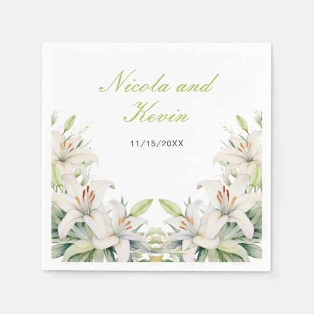 White Lily Flowers Wedding Napkins (Front)