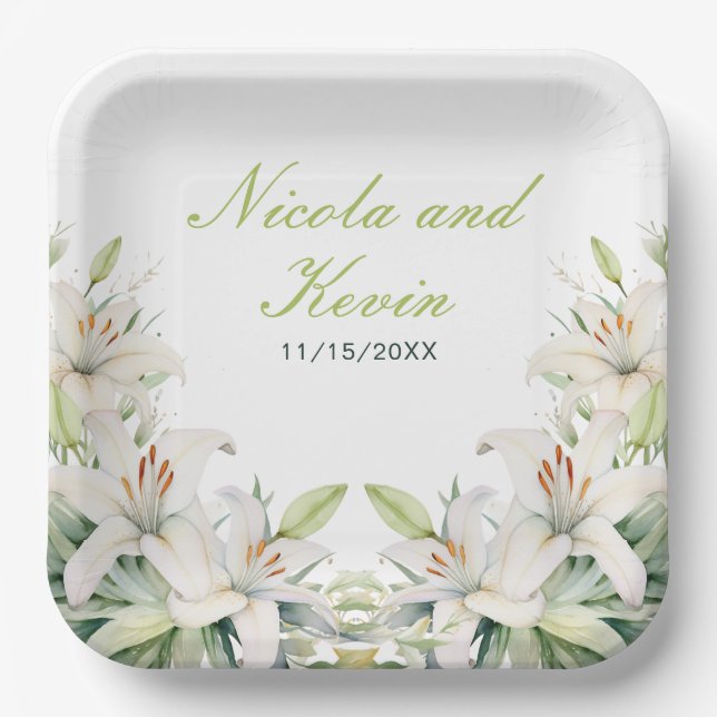 White Lily Flowers Wedding Paper Plates (Front)