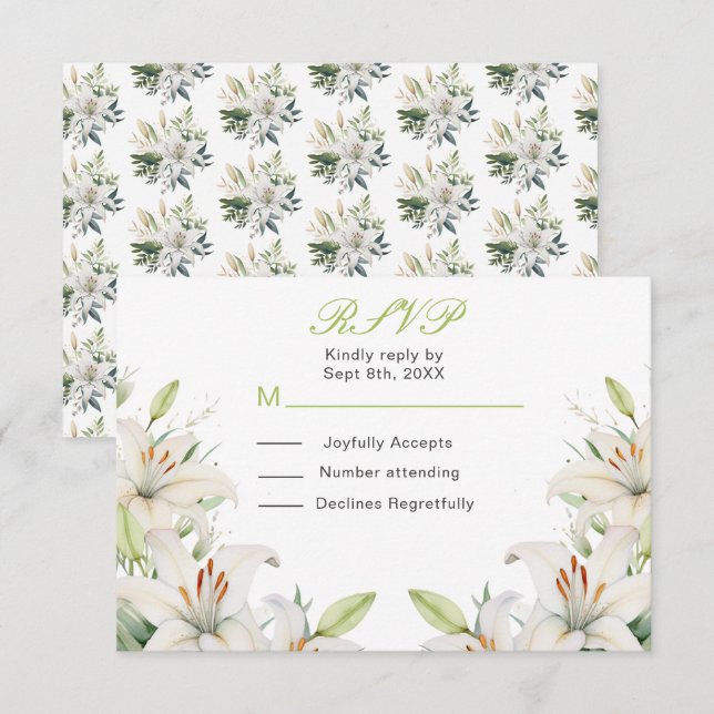 White Lily Flowers Wedding RSVP Card (Front/Back)