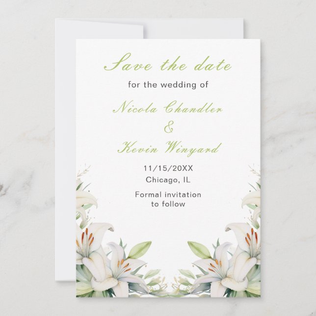 White Lily Flowers Wedding Save The Date (Front)