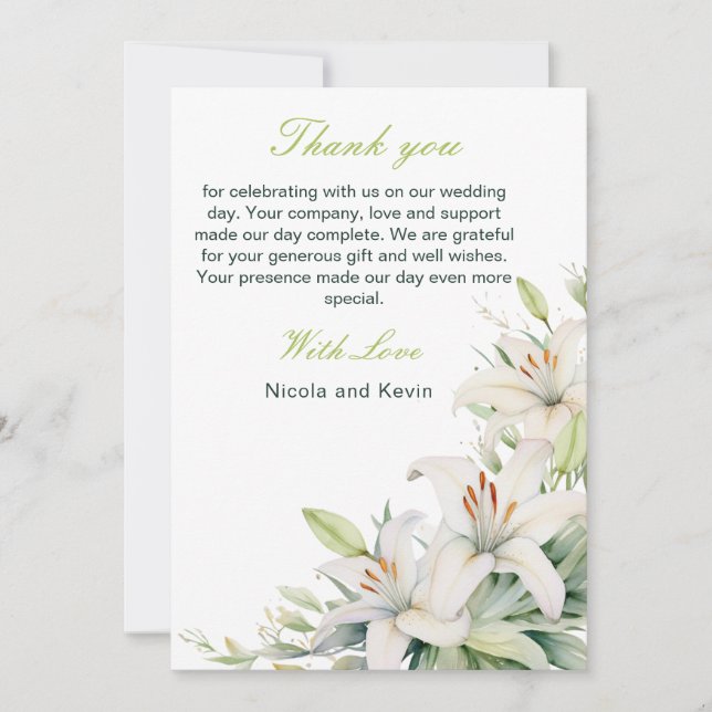 White Lily Flowers Wedding Thank You Card (Front)
