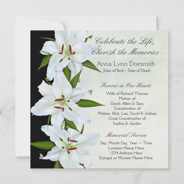 White Lily Funeral Announcements (Front)