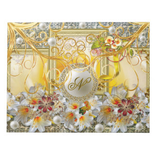 White Lily Gold Tree Silver Pearls Damask Abstract Notepad