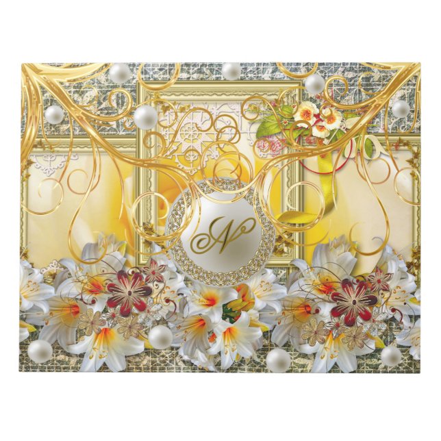 White Lily Gold Tree Silver Pearls Damask Abstract Notepad (Front)