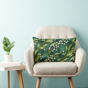 White Lily of the Valley on Teal Lumbar Pillow
