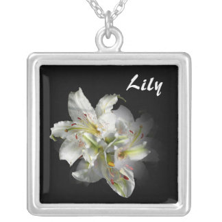 White Lily on black Silver Plated Necklace