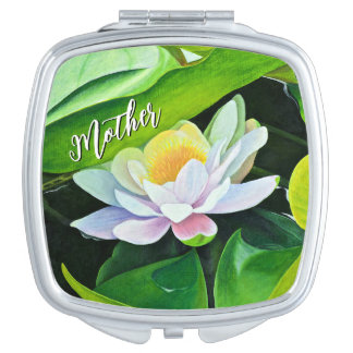 White lily on green leaves painting, Square Compact Mirror