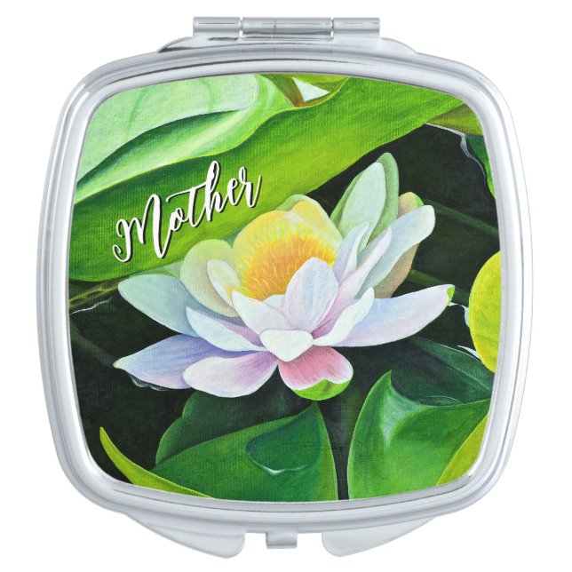 White lily on green leaves painting, Square Compact Mirror (Front)