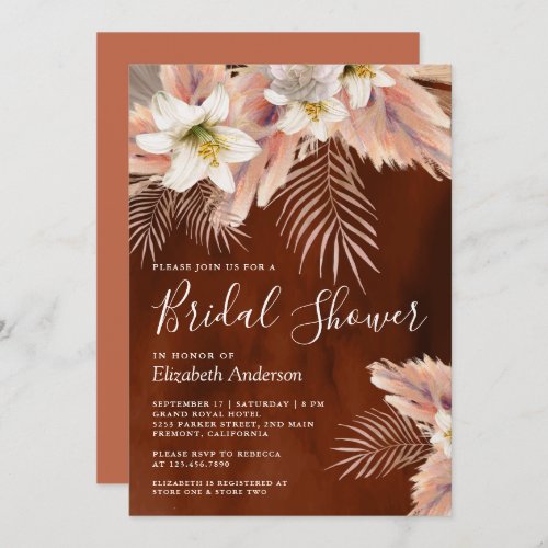 White Lily Palm Pampas Burnt Orange Bridal Shower Invitation