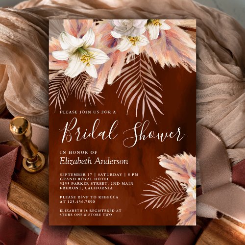 White Lily Palm Pampas Burnt Orange Bridal Shower Invitation