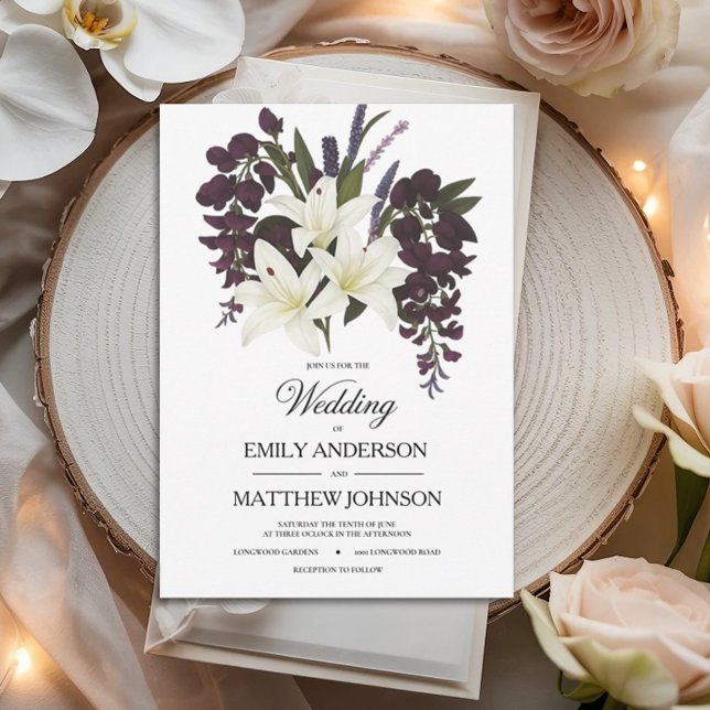 White Lily & Plum Floral Wedding Invitation (Creator Uploaded)
