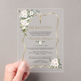 White Lily Rose Bautizo Con Flores Gold Baptism  Acrylic Invitations