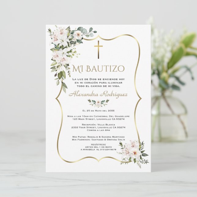 White Lily Rose Bautizo Con Flores Gold Baptism  Invitation (Standing Front)