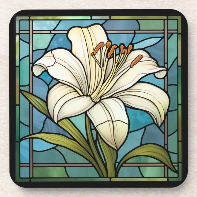 White Lily Stained Glass Beverage Coaster (Front)