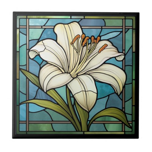 White Lily Stained Glass Ceramic Tile