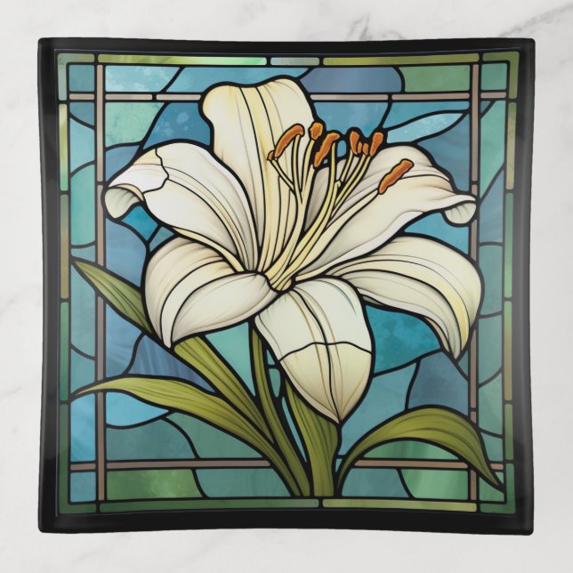 White Lily Stained Glass Trinket Tray (Front)
