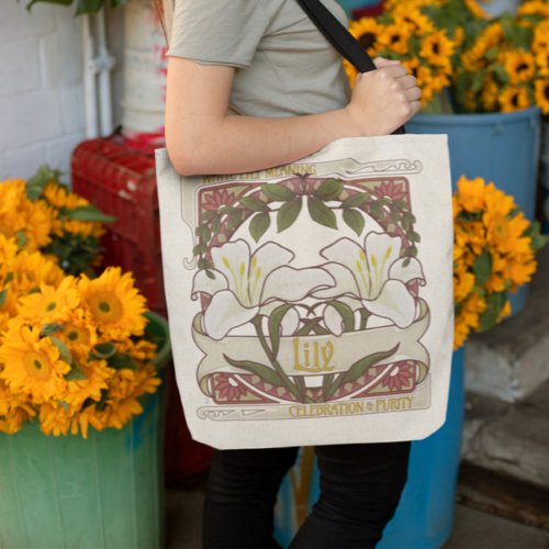 White Lily Vintage_Style Art Front with Green Back Tote Bag