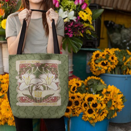 White Lily Vintage_Style Design Green Background Tote Bag