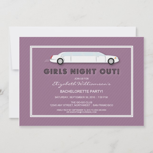 White Limo Bachelorette Party Invitation (purple) (Front)
