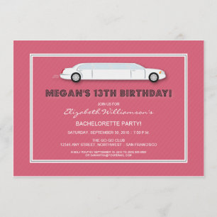 White Limo Birthday Party Invitation (pink)