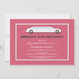 White Limo Birthday Party Invitation (pink)