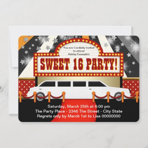 White Limo Movie Star Sweet 16 Party Invitation