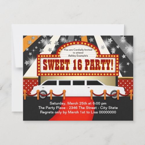 White Limo Movie Star Sweet 16 Party Invitation