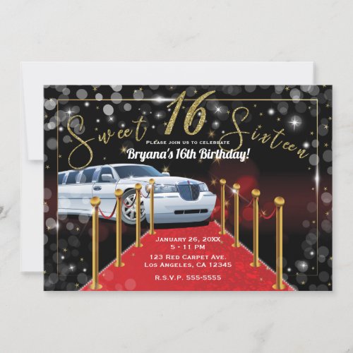 White Limo Red Carpet Hollywood Sweet 16 Party Invitation