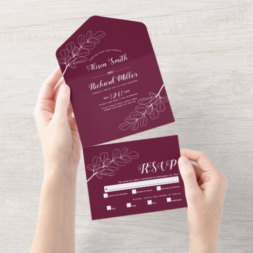 White line art branch and leaves burgundy wedding  all in one invitation