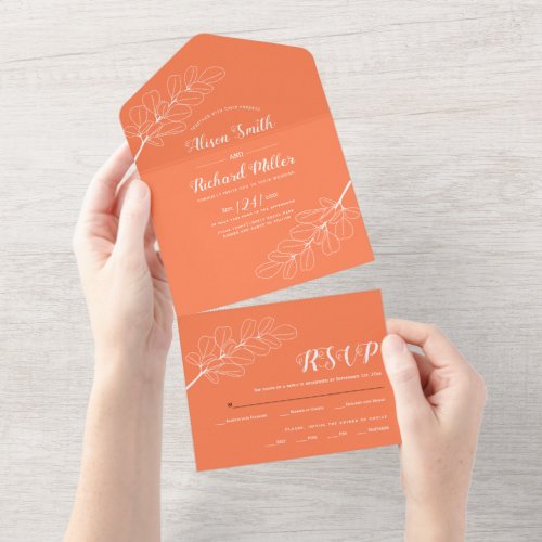 White line art branch and leaves coral wedding all all in one invitation