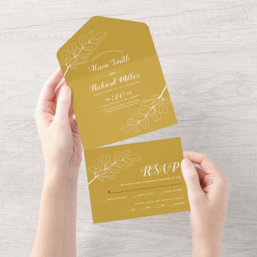 White line art branch and leaves gold wedding  all all in one invitation