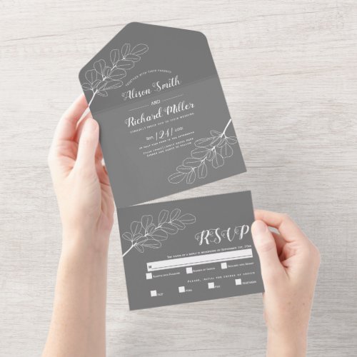 White line art branch and leaves gray wedding   al all in one invitation