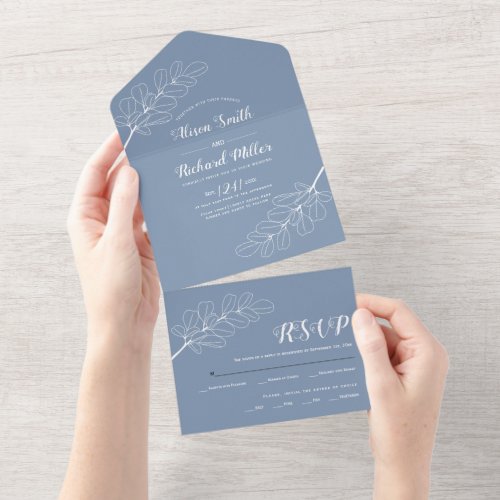 White line art branch leaves dusty blue wedding a all in one invitation