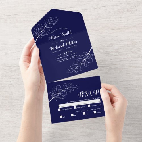 White line art branch leaves navy blue wedding    all in one invitation