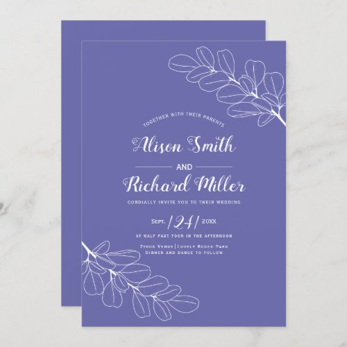 White line art branch periwinkle blue wedding invitation