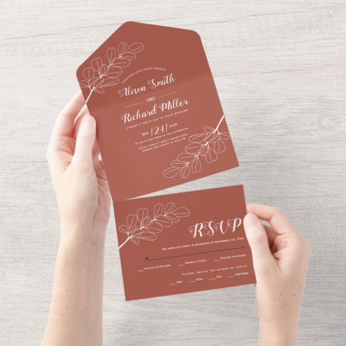 White line art branch terracotta fall wedding all  all in one invitation