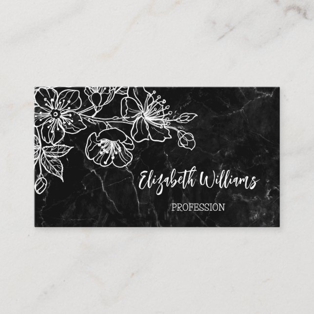 White Line Art Floral Black Marble QR Code Business Card (Front)